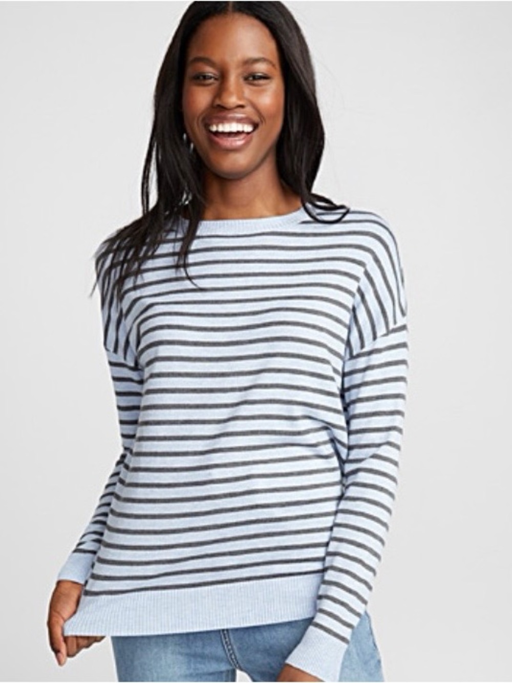 SIMONS TWIK Blue and Grey Striped Crewneck Sweater